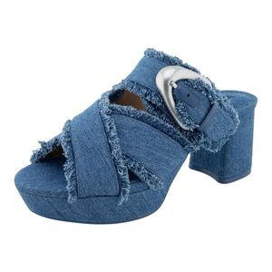 Aerosoles Collin Denim Blue Heel Sandal Sz 5 Open Toe Frayed Silver Buckle $135